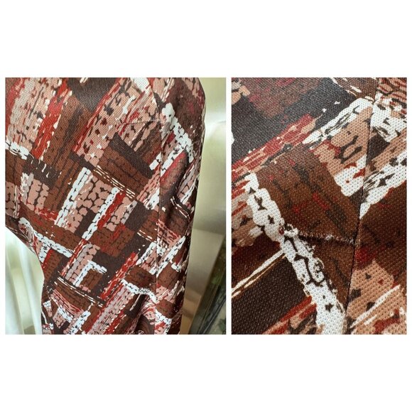 Vintage 70s dress, Mod brown orange and white abstract print, keyhole neckline - Picture 9 of 10